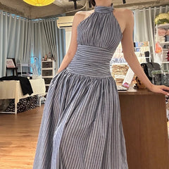 Aiertu  Stripe Halter Backless Pleated Fashion Elegant Casual Bodycon Midi Dress Spring Summer Fashion Party New Women Vestidos Aiertu