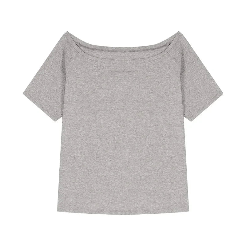 Aiertu  -  Spicy Girl Slant Shoulder Short Sleeve Loose T-shirt 2025 Women's Summer New Casual Irregular Solid Color Versatile Top Aiertu
