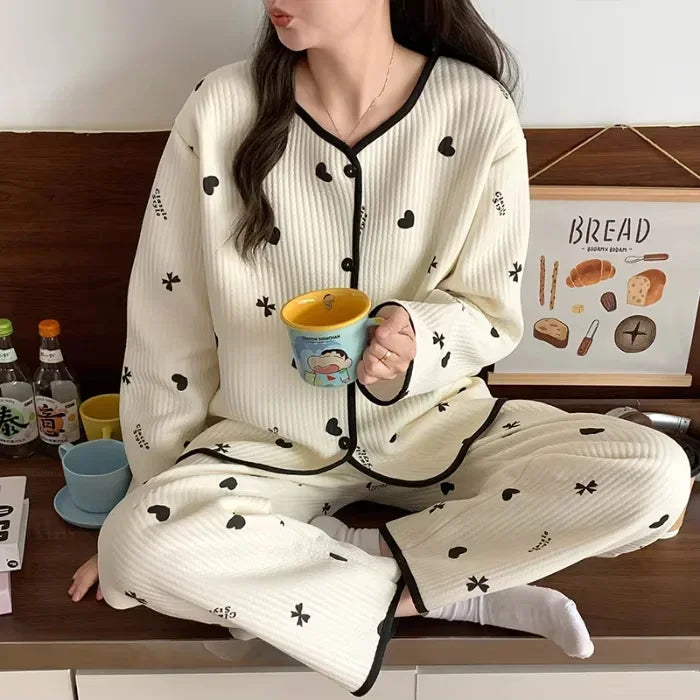 Aiertu  -  Autumn And Winter Air Sandwich Cotton Pajamas Women Cardigan Long Sleeve Trousers New Cartoon Sketch Rabbit Cute Homewear Sets Aiertu