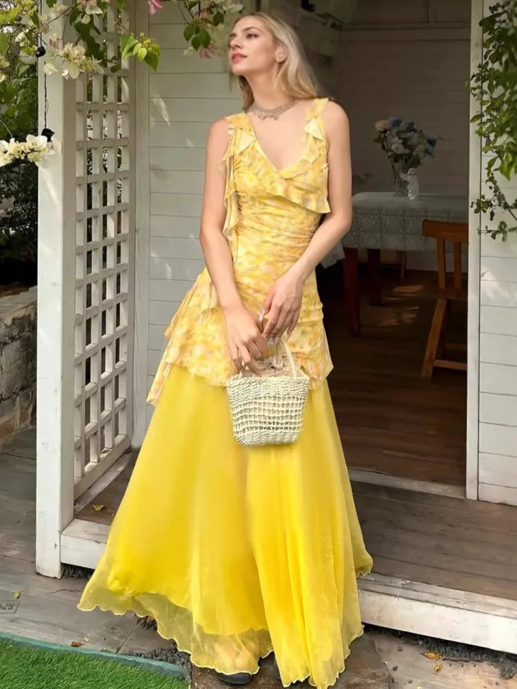 Aiertu  -  Elegant Sleeveless Printed Ruffle Women Two Piece Dress Sweet Flower Irregular V-neck Splicing Mesh Beach Holiday Set Aiertu