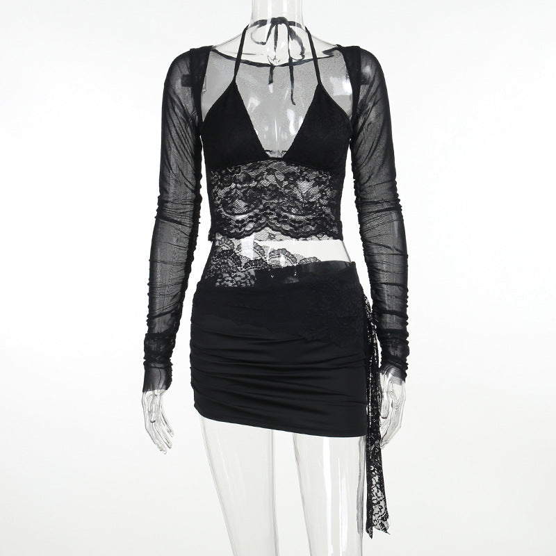 Aiertu Autumn New Fashion Temperament Sexy Deep V Slim Lace Spliced Net Long-Sleeved Dress Woman Aiertu