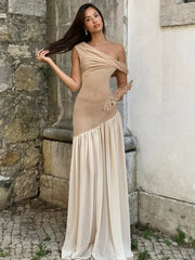 Aiertu  -  Woman Clothing One Shoulder See-through Mesh Maxi Dress Elegant Diagonal Collar Sleeveless Irregular Long Party Evening Dresses Aiertu