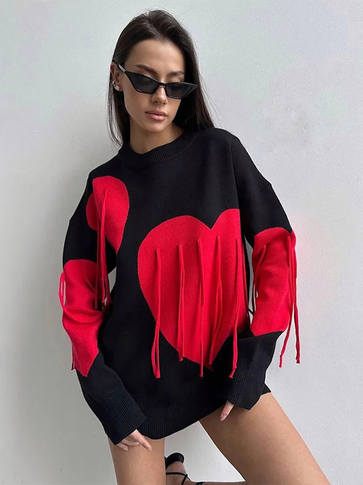 Aiertu  -  Chic Sweet Love Heart Print Tassels Spliced Y2k Sweater Women O-neck Long Sleeves Casual Jumpers Lady Elegant Knitted Pullover Aiertu