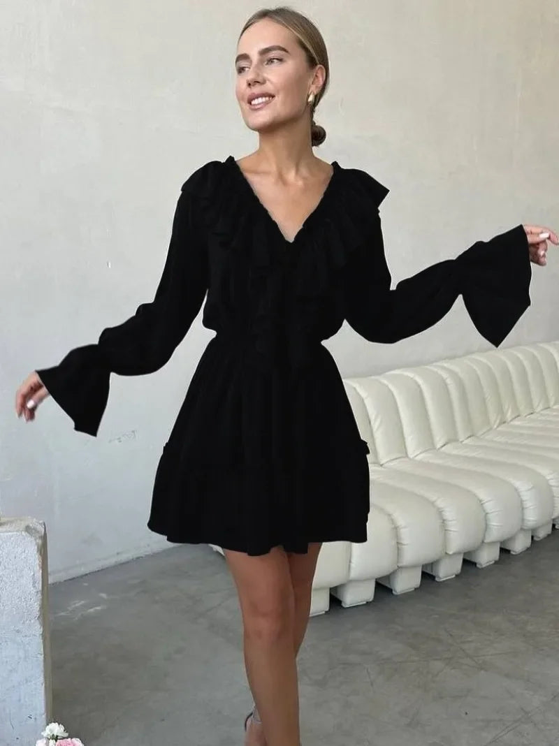 Aiertu  -  2026 Fall V-neck Flare Sleeve Ruffles Short Dresses Streetwear Women's High Waist Lace-up Tunics Ruched A-line Pink Party Dress Aiertu