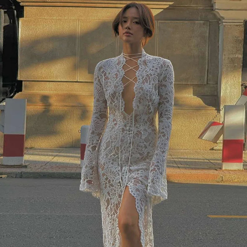 Aiertu  -  Lace Deep V-Neck Embroidery Ruffles Dress Women Sexy Slits See Through Solid Tassel Petal Cuffs Street Elegance Vestidos Aiertu