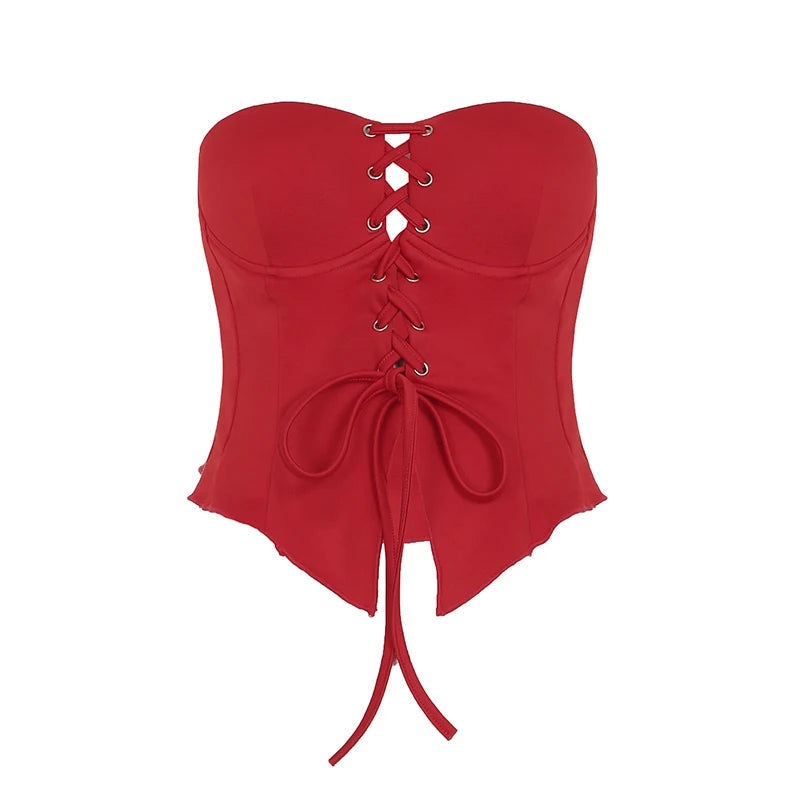 Aiertu  -  Sexy Women Red Corset Top Cross Lace-up Y2K Skinny Strapless Tops Fashion Ladies High Street Tanks Clubwear Summer Aiertu