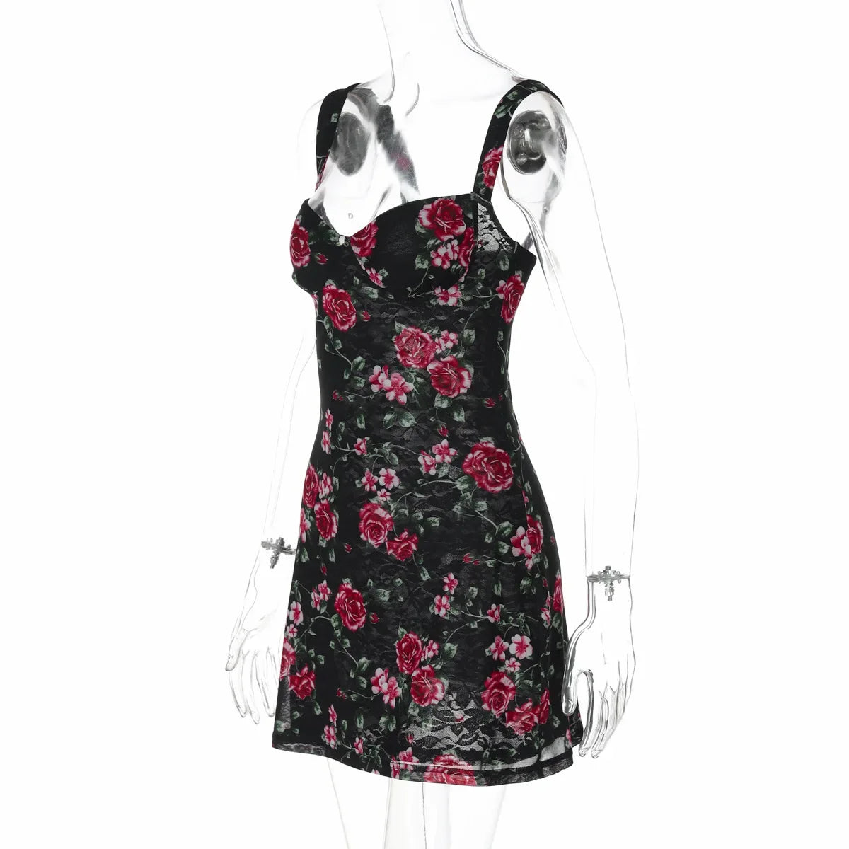 Aiertu  -  Fashion Sleeveless Floral Print Mesh Lace Dresses for Women 2026 Summer Spaghetti Strap Backless Bodycon Mini Party Club Dress Aiertu