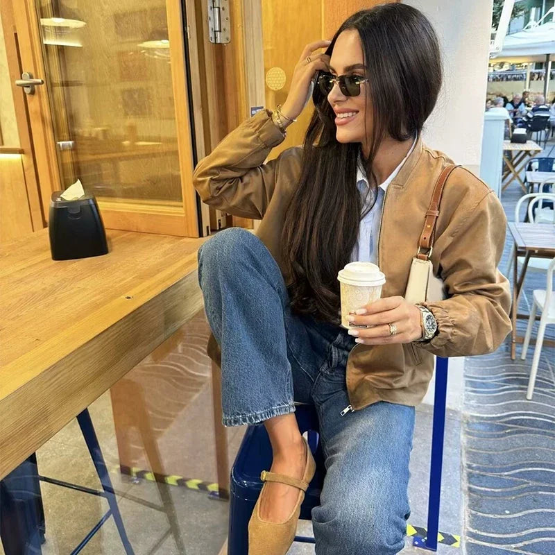 Aiertu  -  Women's Vintage Solid Jacket Loose O Neck Zipper Pocket Long Sleeve Female Coat Autumn Lady Office All-match Outwear New Aiertu