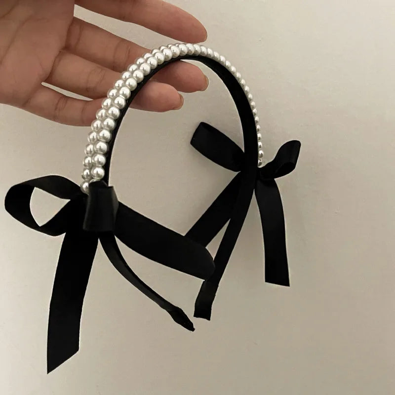 Aiertu Vintage French Pearls Bow Hair Band for Women Girls Autumn Winter Korean Elegant Black Classic Hair hoop Hair Jewelry Aiertu