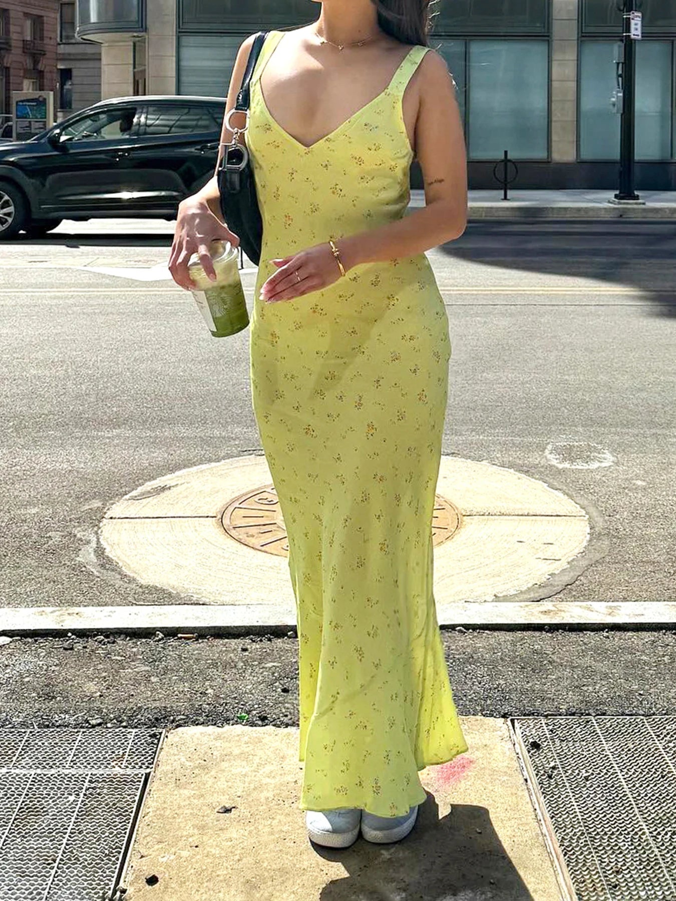 Aiertu  Yellow Floral Print Summer Vacation Beach Dresses For Women Sleeveless V Neck Elegant Sexy Boho Mermaid Dress Aiertu