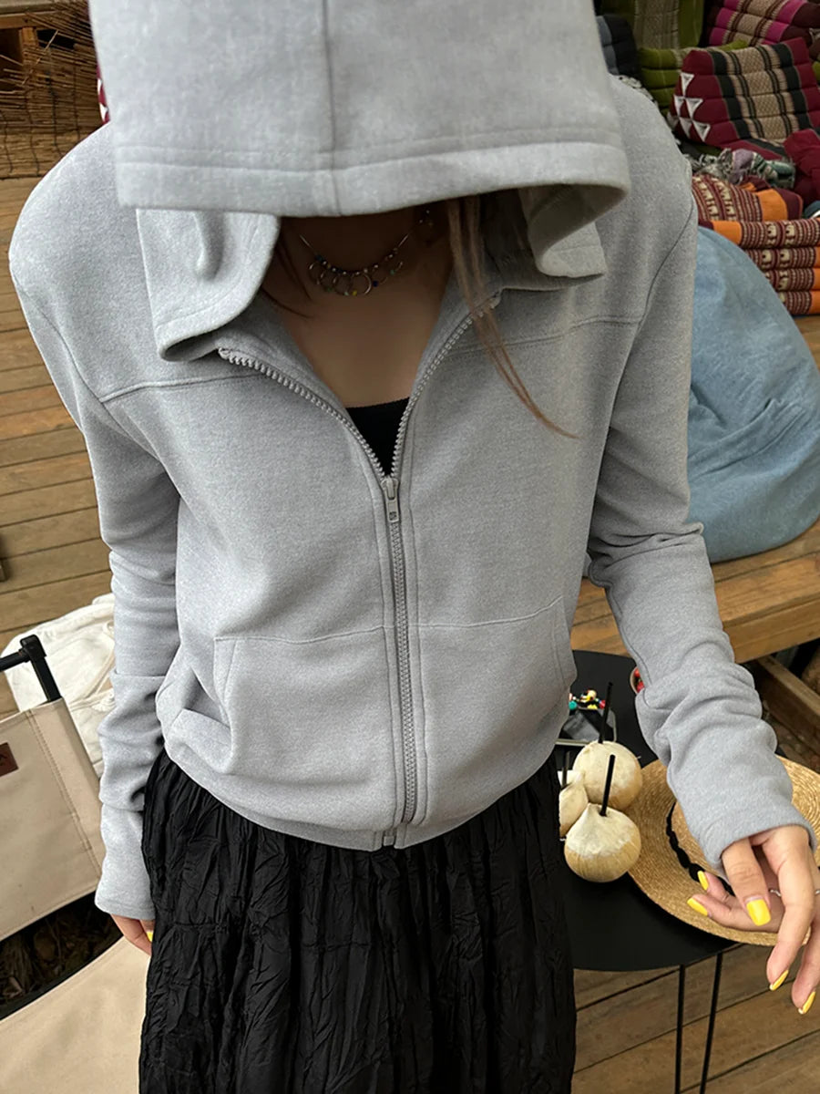 Aiertu  -   Solid Simple Thin Cropped Jacket Women Spring Long Sleeve Slim Zipper Short Outerwear Female Fashion Casual Sport Hooded Jackets Aiertu