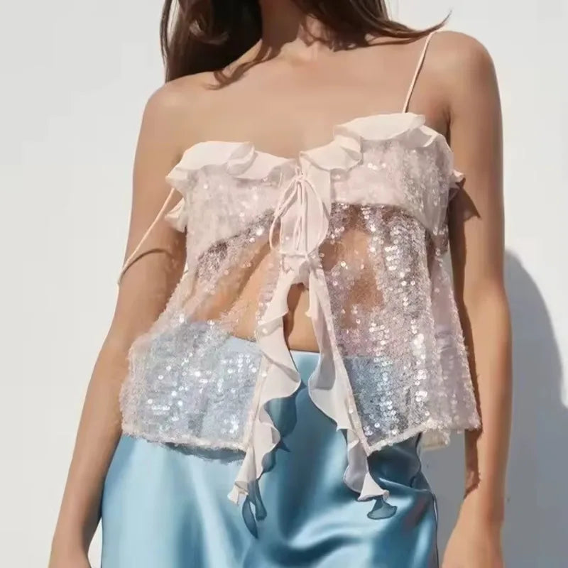 Aiertu  -  Women Chic Ruffles Sequined Design Chiffon Sling Camis 2025 New Lady Backless See Through Short Crop Shirt Blouse Tank Tops Aiertu