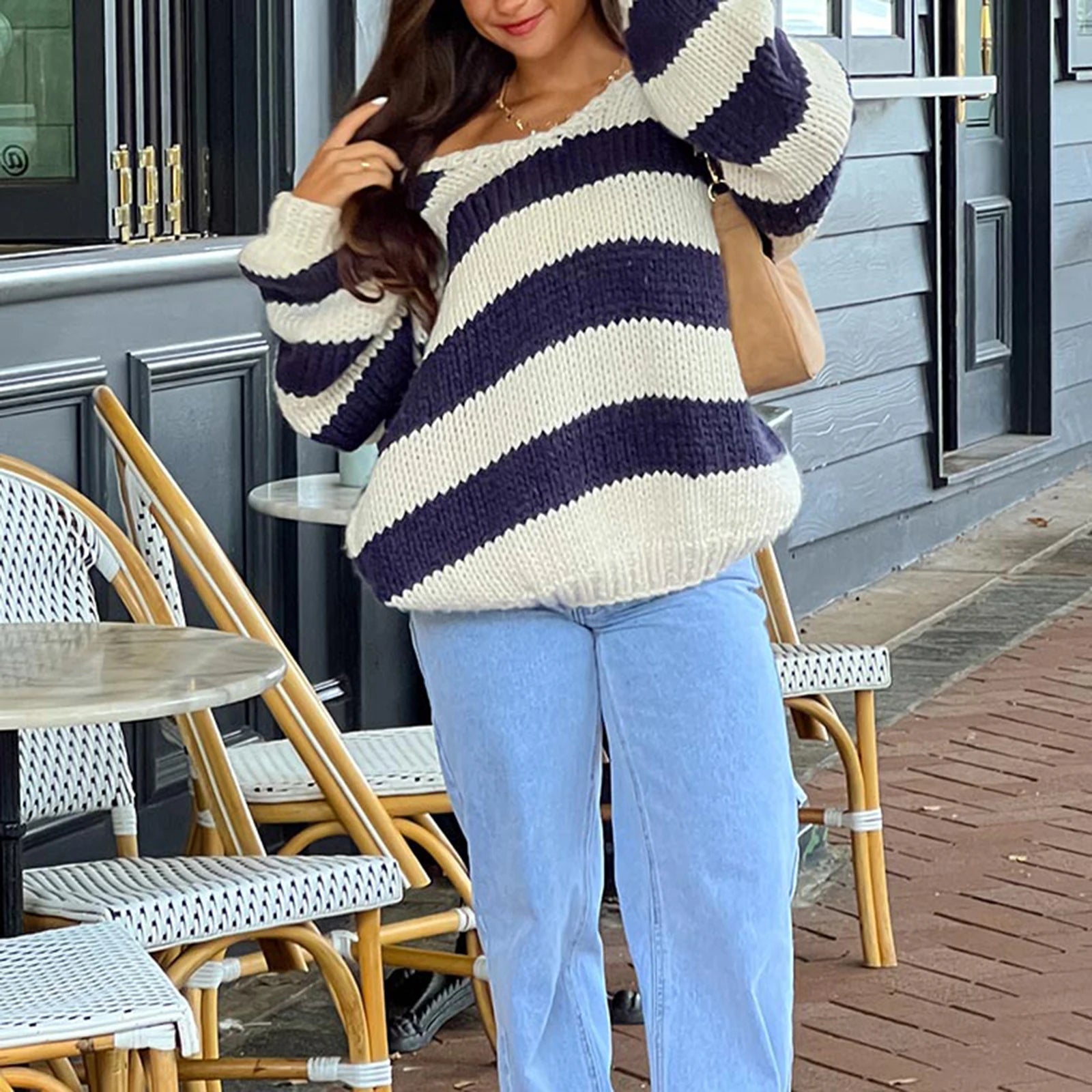 Aiertu  -  Women Striped Chunky Knitted Sweater Drop Shoulder Long Sleeve V-Neck Oversized Sweater Pullover Vintage Loose Knit Jumper Tops Aiertu