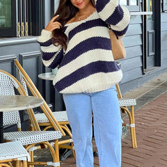 Aiertu  -  Women Striped Chunky Knitted Sweater Drop Shoulder Long Sleeve V-Neck Oversized Sweater Pullover Vintage Loose Knit Jumper Tops Aiertu