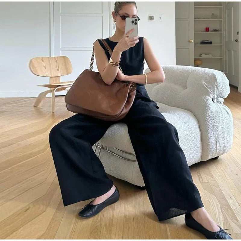 Aiertu  -  Elegant Striped Print Vest Pants Set Women Asymmetric Single Breasted Tops Wide Leg Trouser 2026 Summer Lady Casual Outfits Aiertu