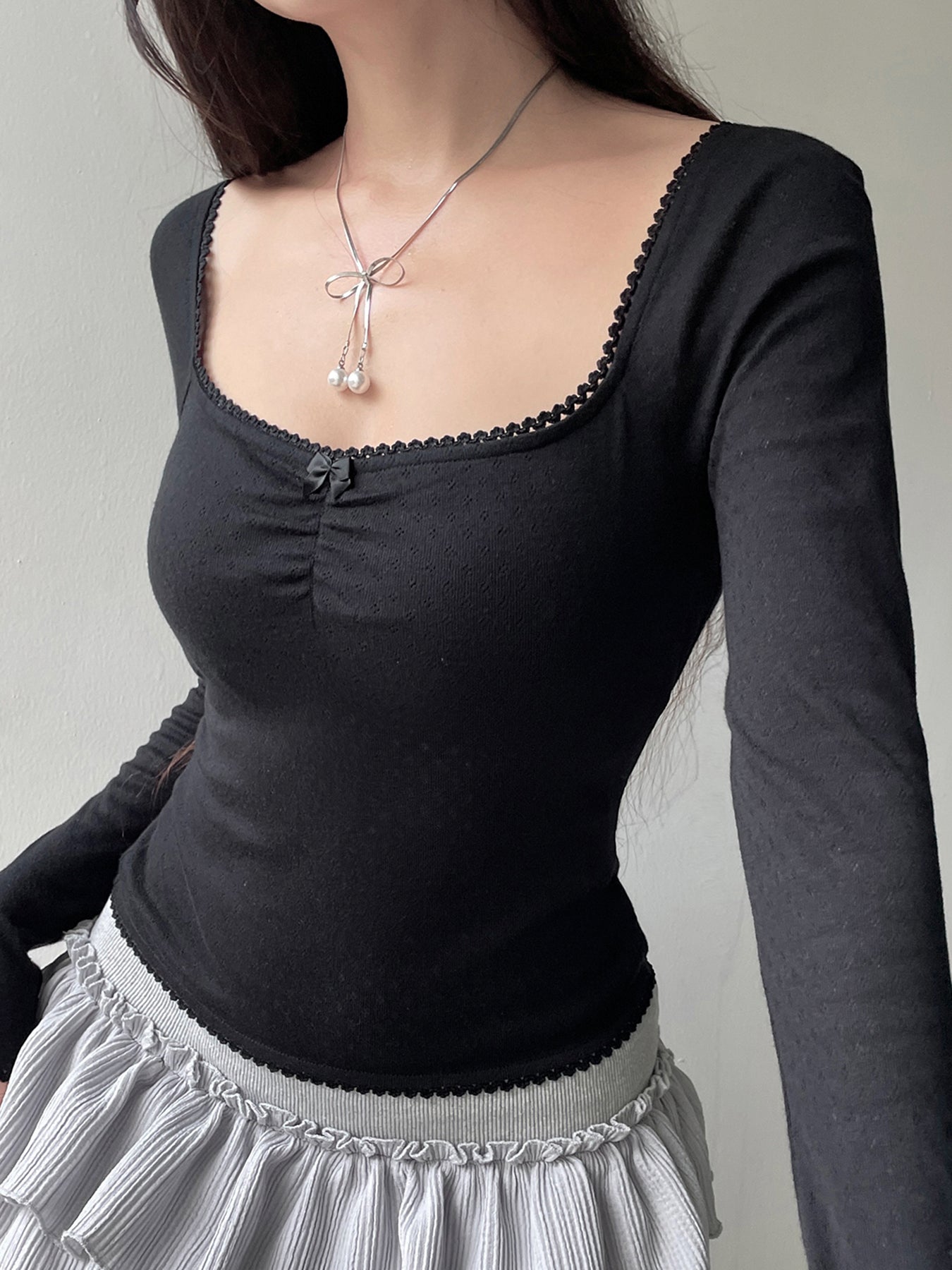 Aiertu - summer inspo Korean Fashion Shirring Bow Square Collar Slim Long Sleeve Black T Shirt Women White Solid Basic Cute Japanese Top Tee Aiertu