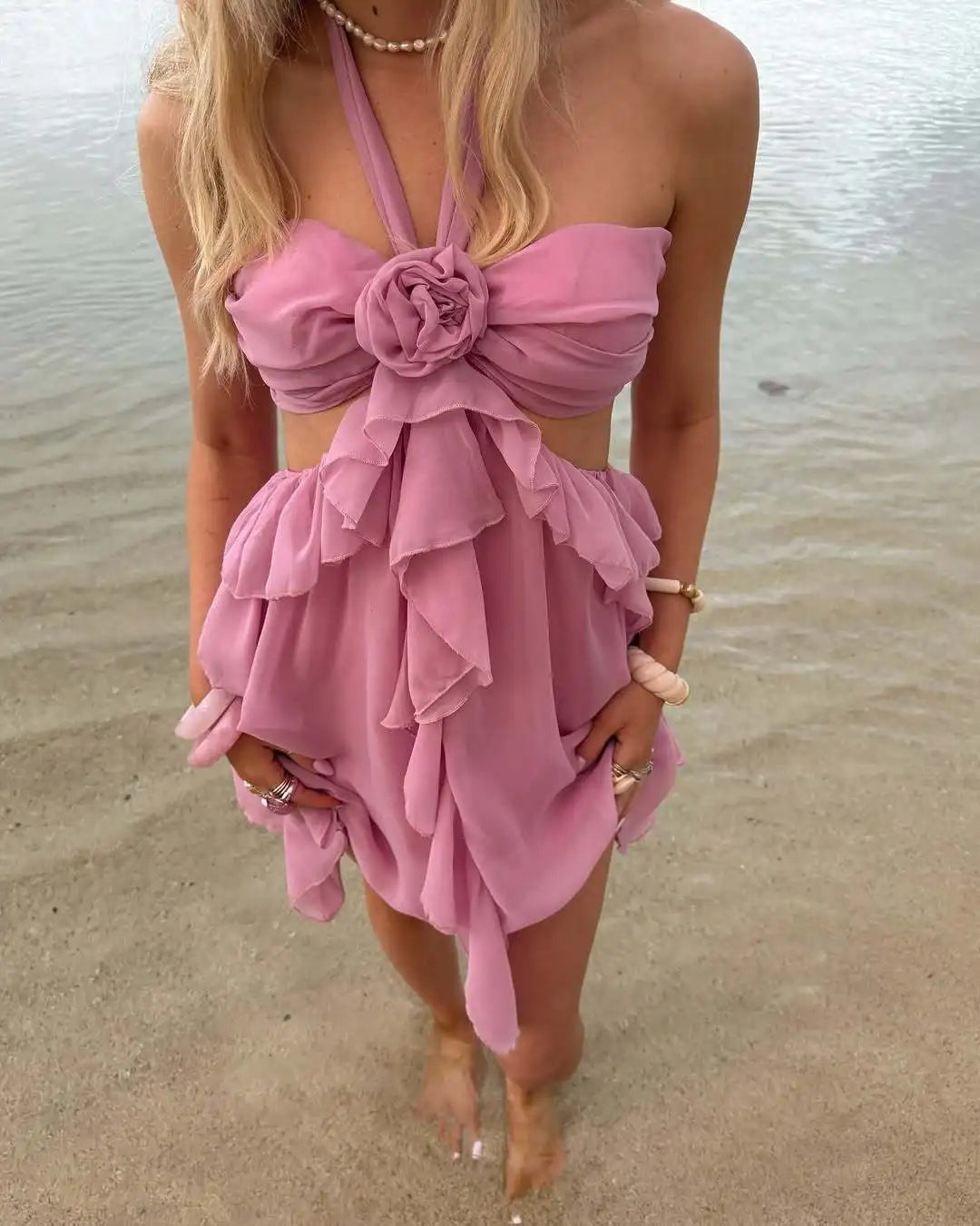 Aiertu  -  Pink 3D Floral Bandage Sleeveless Summer Dress Women Sexy Strapless Backless Mini Dress Beach Ladies Holiday Sundresses 2025 New Aiertu