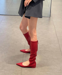 Aiertu  Stylish Red Splicing Boots Hollow Out Pointed Toe Zippered Aiertu