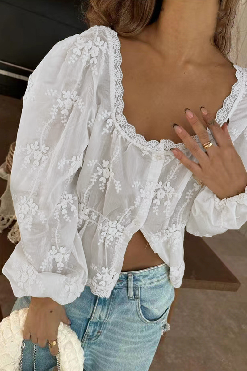 Aiertu  -  Sexy Daily Solid Color Embroidered Buttons See-Through U Neck Blouses Aiertu