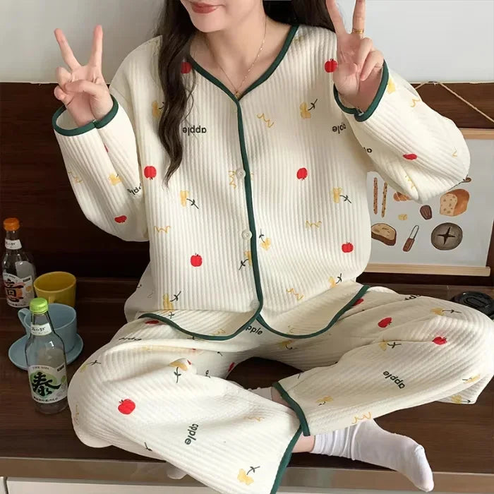 Aiertu  -  Autumn And Winter Air Sandwich Cotton Pajamas Women Cardigan Long Sleeve Trousers New Cartoon Sketch Rabbit Cute Homewear Sets Aiertu