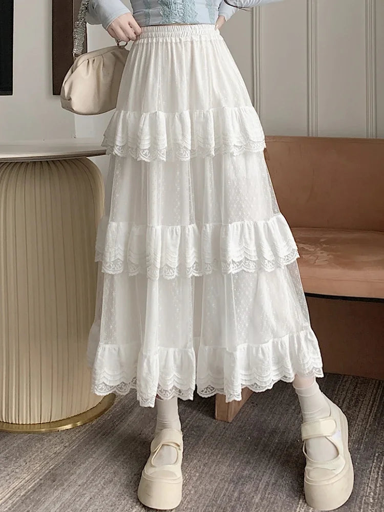 Aiertu  -   party look snspos White Black Mid Long Skirt Women Crochet Lace Skirt Goth Lolita Summer High Waist High Low Ruched Ruffle Pleated Skirts rok Aiertu