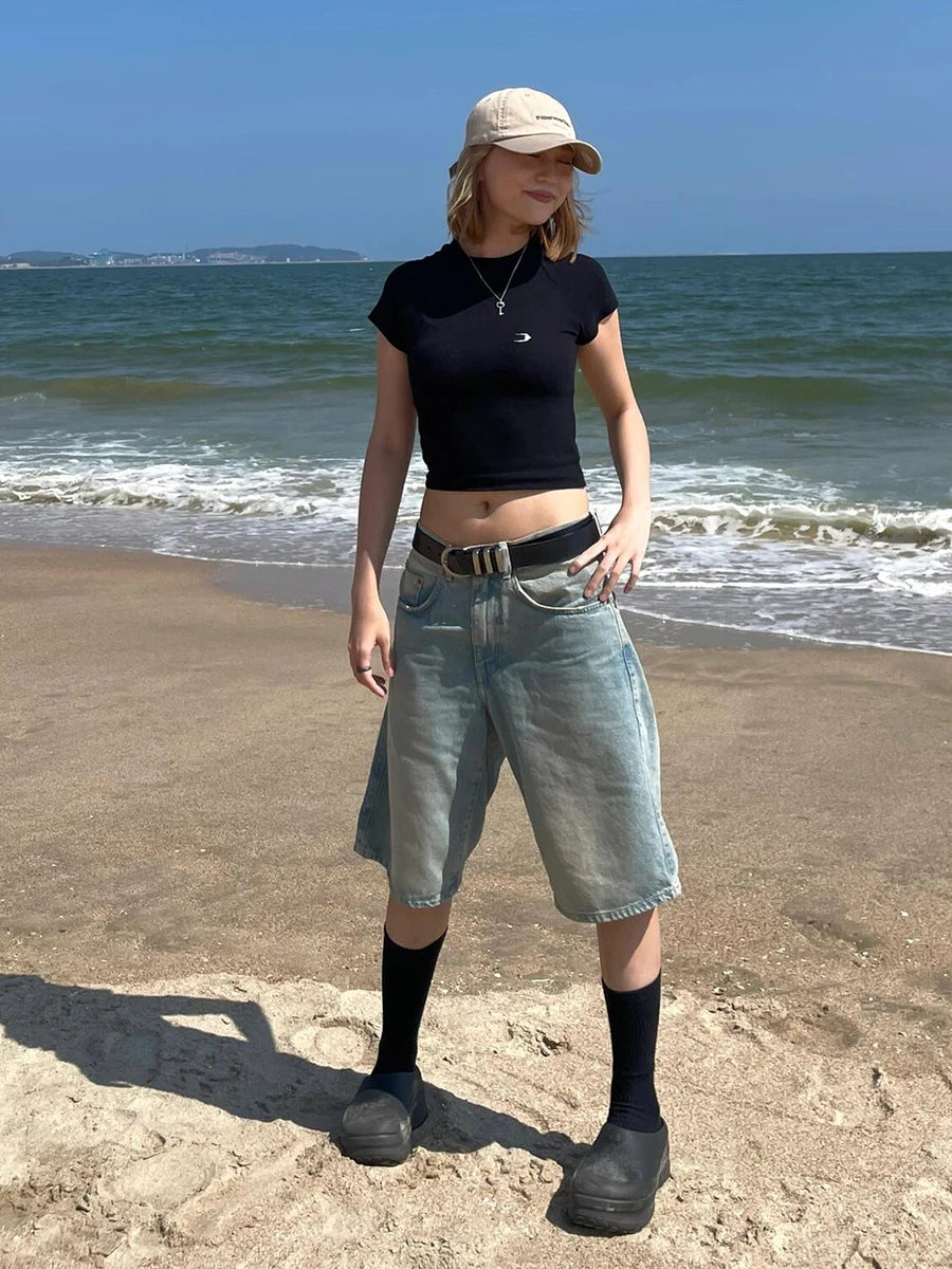 Aiertu  -  Women Plain Knee Long Baggy Jorts Light Wash Wide Denim Shorts Vintage High Rise Bermuda Pants Casual Summer Clothes Aiertu