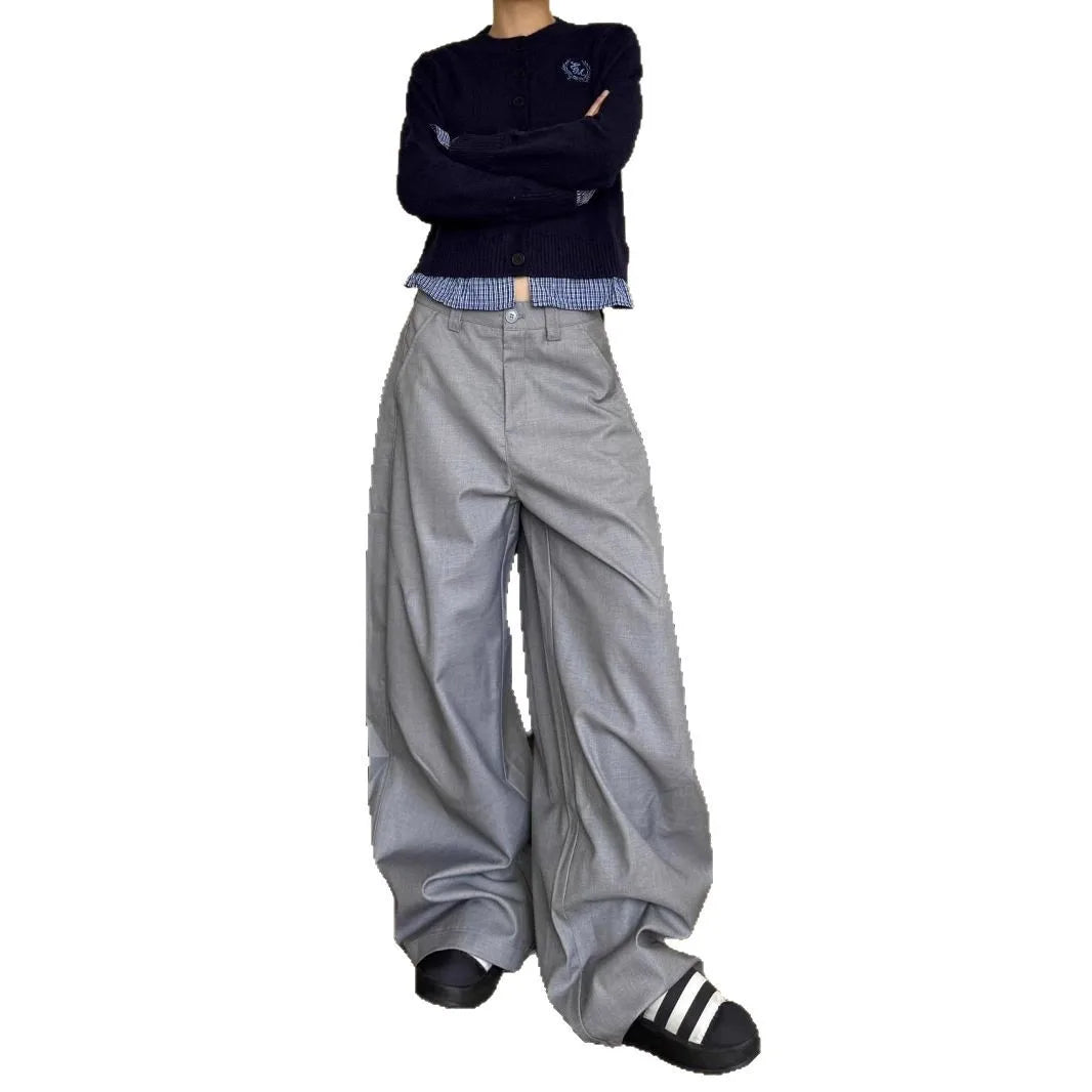Aiertu  -  Simple and versatile gray scimitar trousers high sense 2026 silhouette loose pleated wide leg drape casual trousers Aiertu