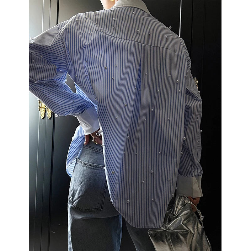 Aiertu  -  Elegant Striped Shirts Women Fashion Beading Patchwork Blouses Office Ladies Korean Oversize Long Sleeve Design Tops New Aiertu