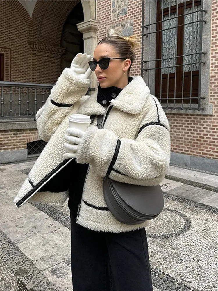 Aiertu  -  Women Plush Zipper Jacket Solid Patchwork Long Sleeve Lapel Motorcycle Coat Casual Autumn Winter Female Street Warm Outerwear Aiertu