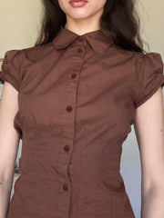 Aiertu - summer inspo American Retro Preppy Brown Shirts Women Button Up Turn Down Collar Puff Sleeve Shirring Pleated Hem Slim Casual Tops Aiertu