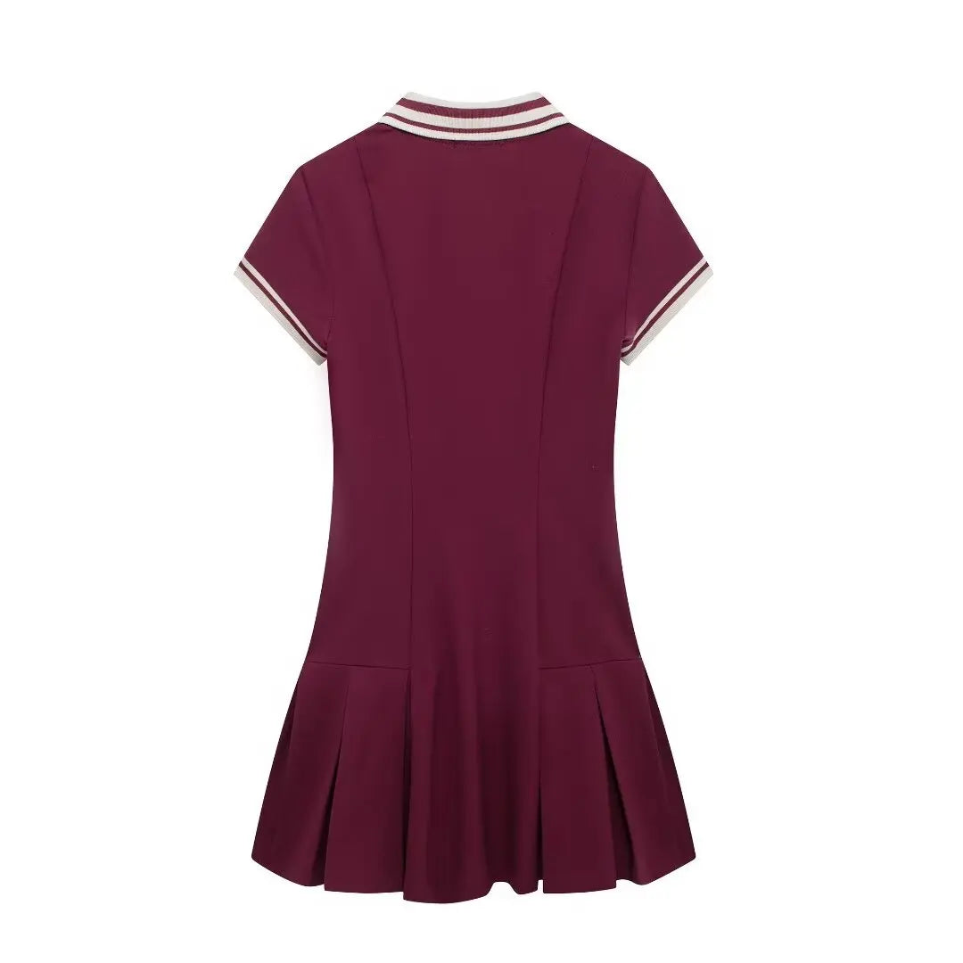 Aiertu  -  Women Fashion Wine Red Dress Turn-down Collar Short Sleeves Slim A-Line Mini Dresses Chic Elegant Woman Pleated Dress Aiertu