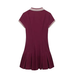Aiertu  -  Women Fashion Wine Red Dress Turn-down Collar Short Sleeves Slim A-Line Mini Dresses Chic Elegant Woman Pleated Dress Aiertu
