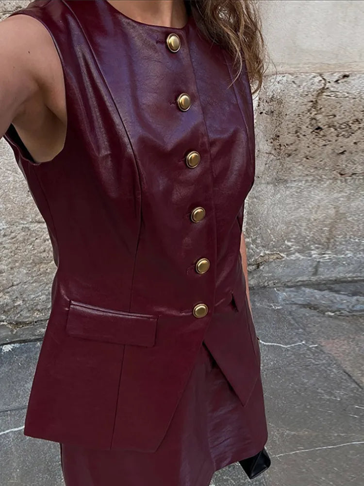 Aiertu  Fashion Leather Mini Skirt Sets Women Sleeveless Button Vest Jacket Hip Package Short Skirt Suits 2025 Female Motorcycle Outfits Aiertu