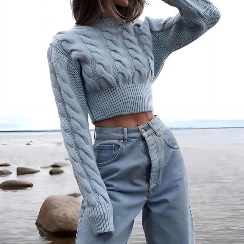 PICSGIRL - 2024 Casual Sexy Women's Knitted Twisted Shaped Chic Long Sleeved Stylish Slim Fits Sweater Short Pullovers Tops Streetwear Aiertu