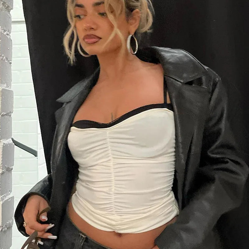 Aiertu   -  Ruched Strapless Crop Top White Basic Top With Straps Summer Clothing Cami Top Sleeveless Backless Women's Vest Camisole Cropped Aiertu
