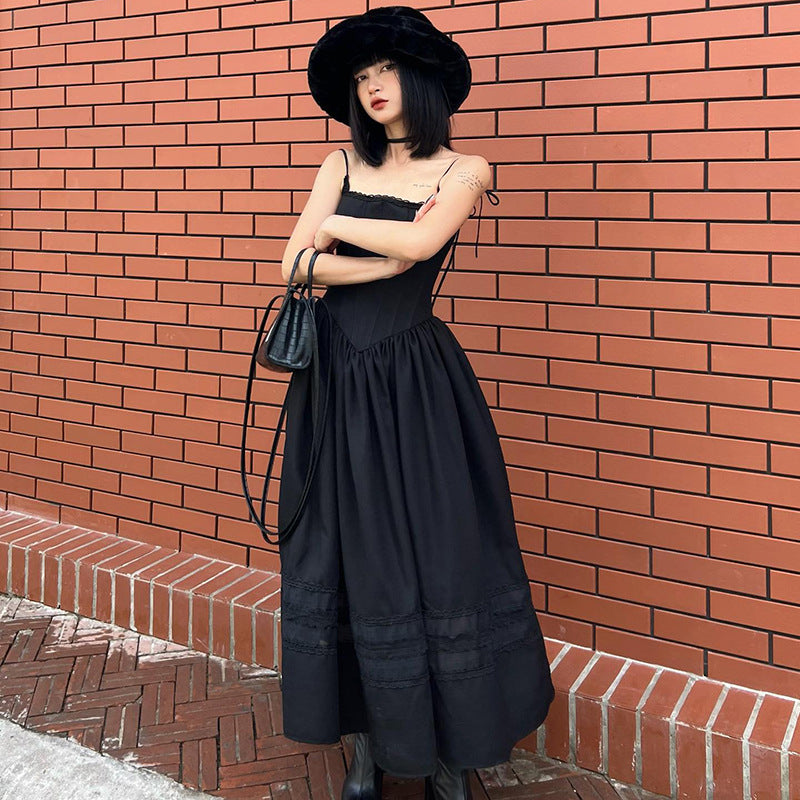 Aiertu - Lace Up Corset Black Maxi Dress Aiertu