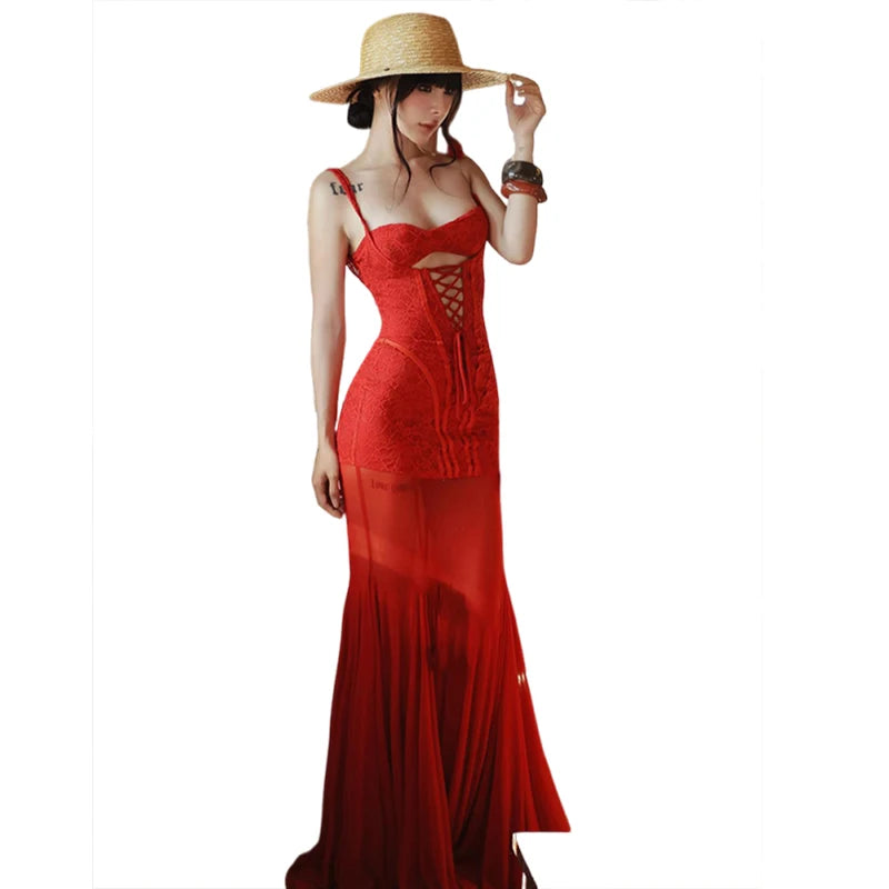 Aiertu  -  Backless Sleeveless Mesh Patchwork Jacquard Maxi Dress Women Hollow Cross Bandage Fishtail Low-Neck Vacation Vestidos Aiertu