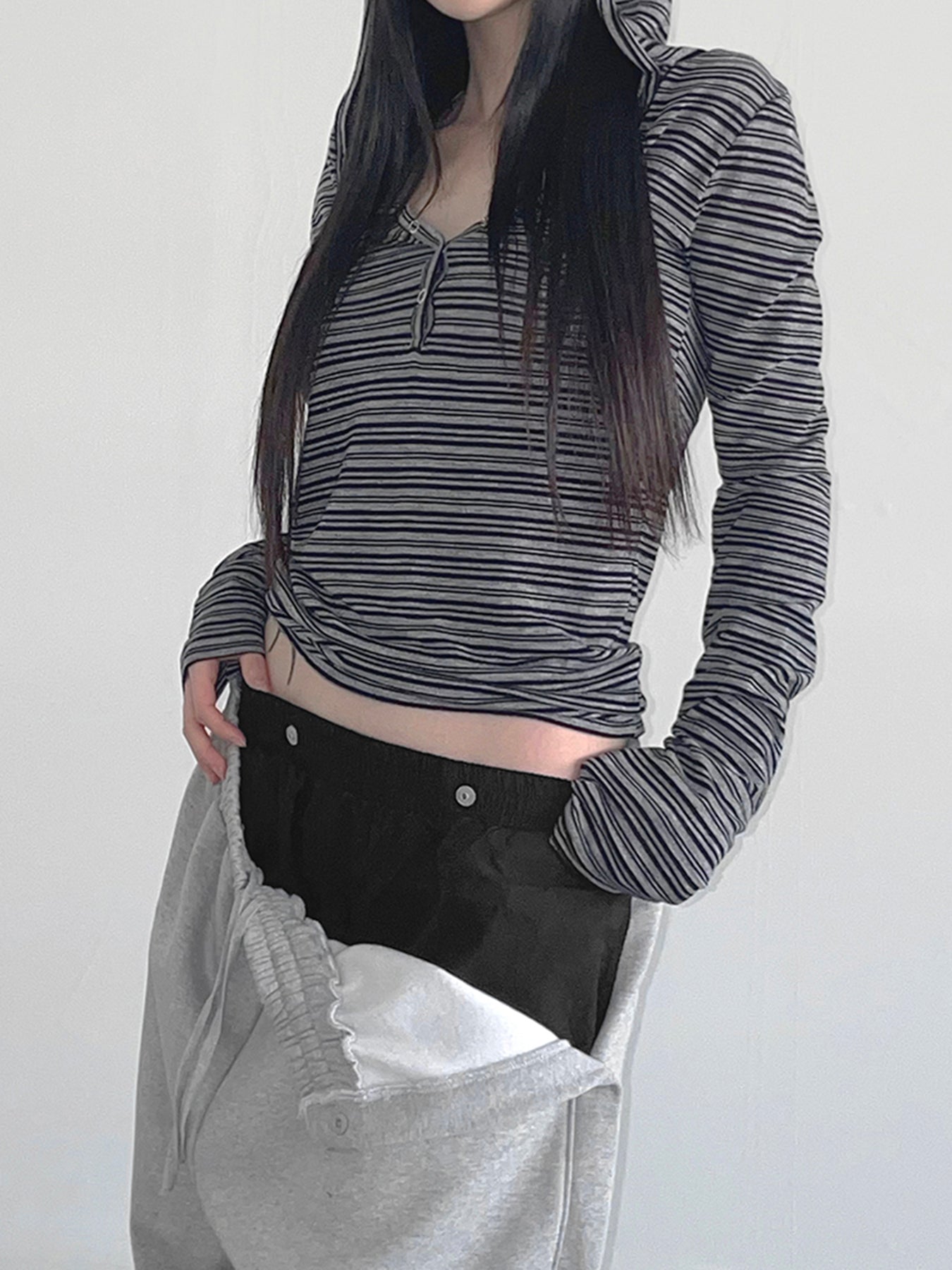 Aiertu - summer inspo Casual Striped Breasted Long Sleeve Hooded T-Shirts Women Design Slim Fit Simple Fashion Blouses Aiertu