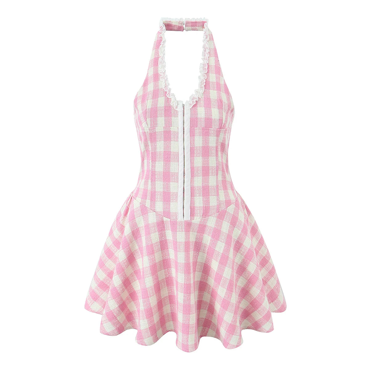 Aiertu  -  Sexy Gingham Pink Plaid Spliced Wood ears Lace Halter Dress Women V neck Slim Low Waist Swing Ball Gown Short Dresses Robe Aiertu