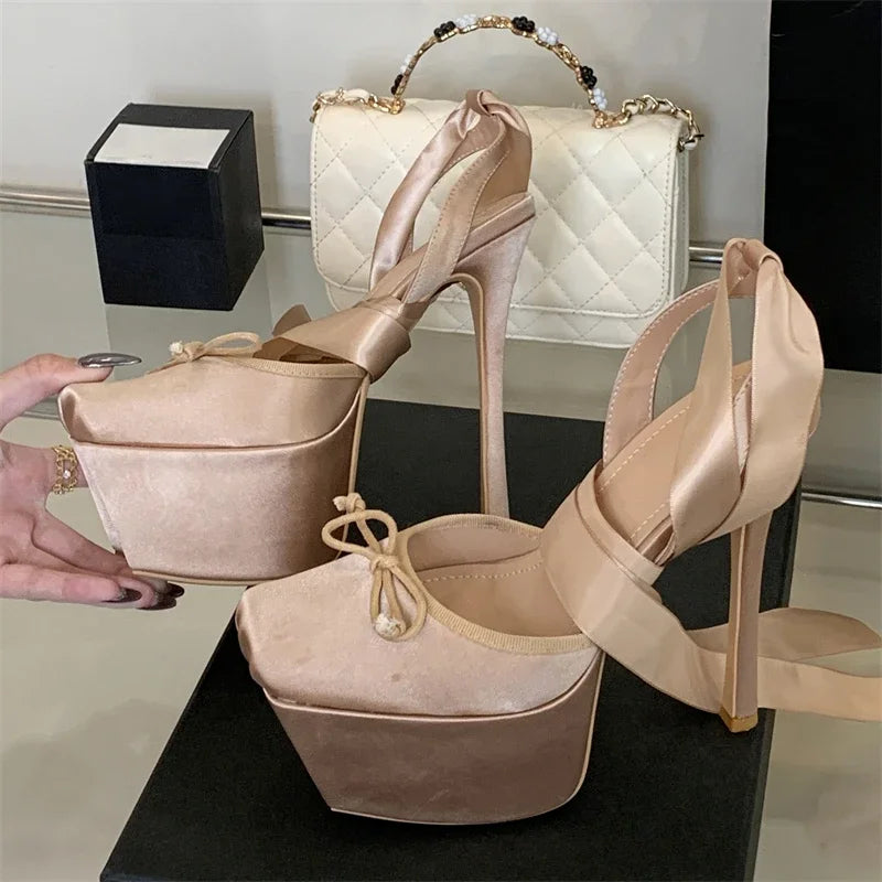 Aiertu  -   Sexy Platform Ankle Lace-up Woman Pumps Sandals Fashion Square Toe Thin High Heels Nightclub Party Strippers Shoes Aiertu