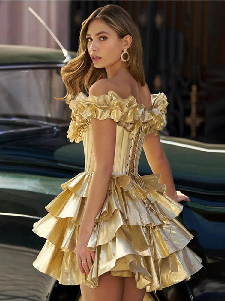 Aiertu  -  Women Golden Off Shoulder Lace Up Pleated Flounces Mini Robe Sexy Sleeveless Ruffles Cake Stamping Dress Summer Lady Partywear Aiertu