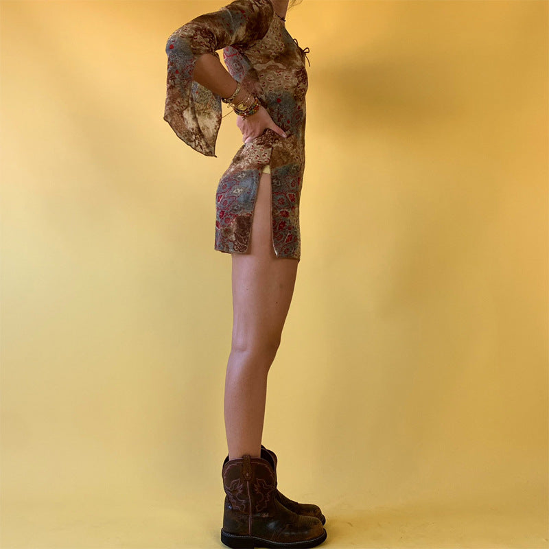 Aiertu - Street Spice Retro Floral Flared Sleeve Dress Aiertu