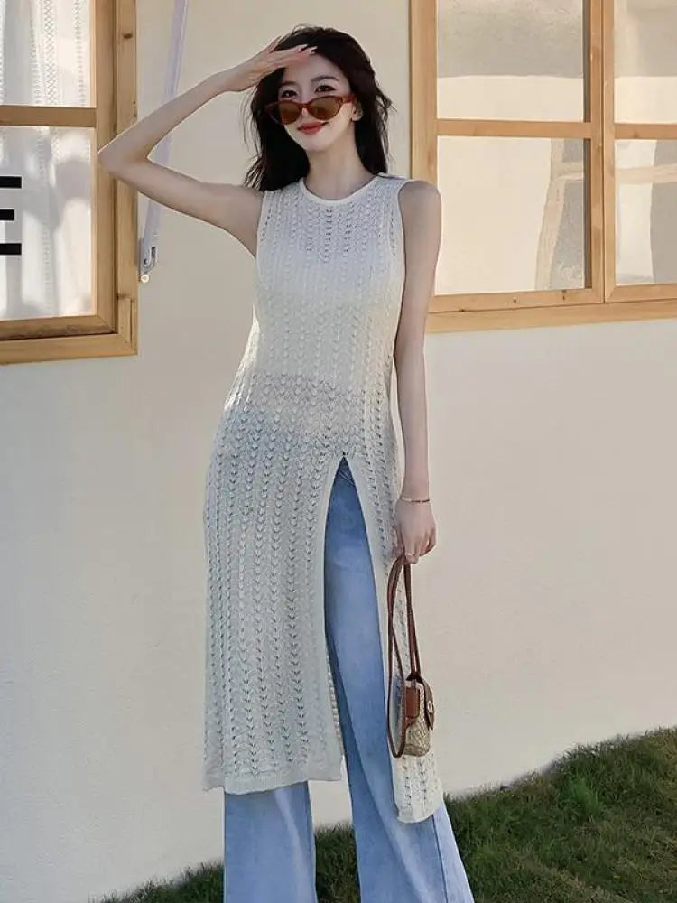 Aiertu  -  Korean Version Women Black Hollow Out Split Long Dress 2024 Summer Round Neck Sleeveless Knitted Vest Dress Casual Trendy Simple Aiertu