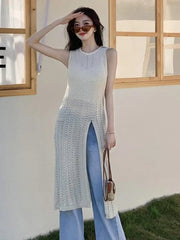 Aiertu  -  Korean Version Women Black Hollow Out Split Long Dress 2024 Summer Round Neck Sleeveless Knitted Vest Dress Casual Trendy Simple Aiertu