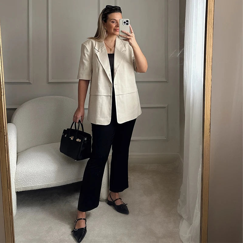Aiertu  -  Mid Length Linen Suit Jacket Coat Skirt Set Waist Horizontal Line Design Satin Short Sleeve Baggy Wide Outwear Top Formal Attire Aiertu