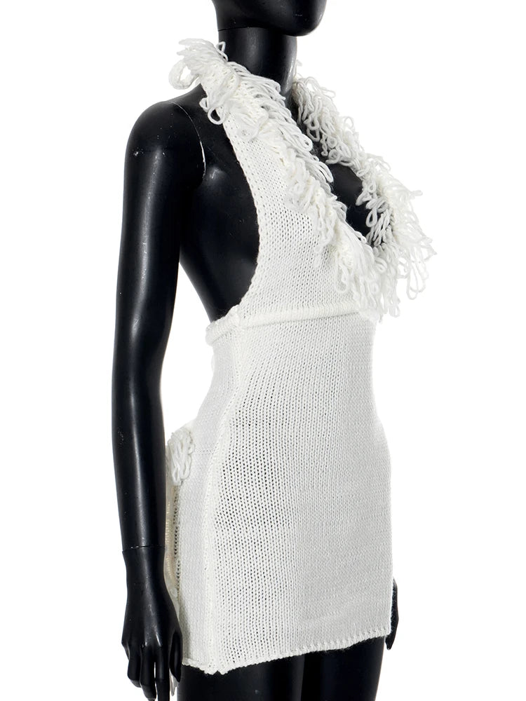 Aiertu   Puss Crochet Halter Dress Women Low-Neck Bandage Backless Stretch Tassel Skinny Sleeveless Street Elegant Mini Bodycon Aiertu