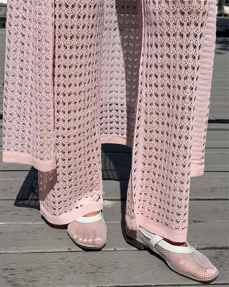 Aiertu  -  Knit Vest Cardigan Beach Dress Long Pants 2 Pieces Sets For Women Hollow Out Sexy See Through Cardigan Long Pants Sets Aiertu