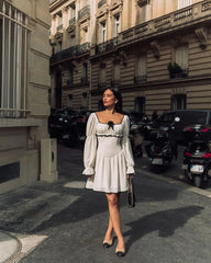 Aiertu  -  White Elegant A-line Mini Dress Women 2025 New Spring Square Collar Long Sleeve Vestidos High Waist Casual Fashion Short Dresses Aiertu