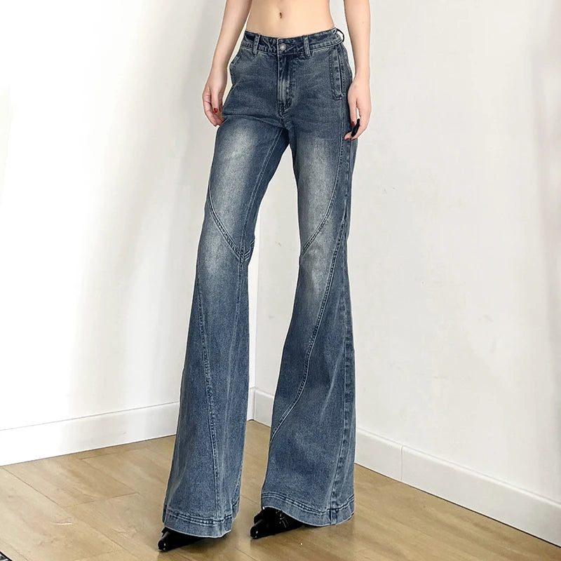 Aiertu  -  Y2K Low Waisted Washed Flare Jeans Korean Streetwear Blue Slim Fit Denim Pants Fashion Lady Casual Boot Cut Trousers Aiertu