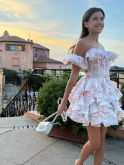 Aiertu  -  Strapless Tight High Waist Mini Dress Women Pink Floral Print Ruffle Layer Short Dresses Off Shoulder Sleeveless Casual Vestido Aiertu
